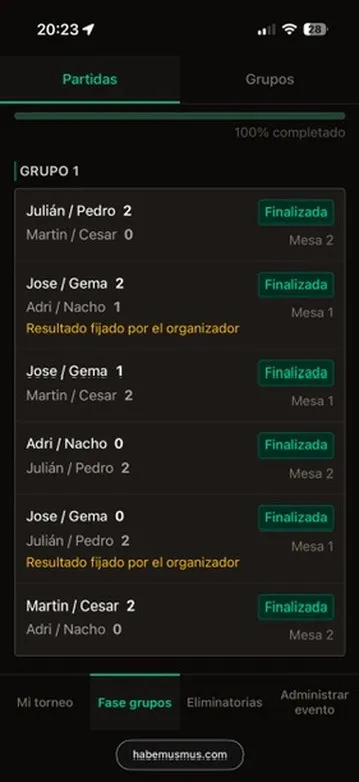 habemusmus.com on a phone, running a live tournament